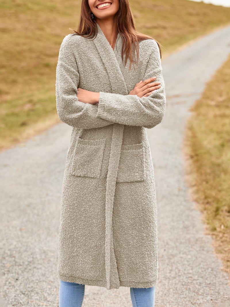 Saodimallsu Womens Open Front Long Cardigan Sweaters Oversized Chunky Fuzzy Lapel Fall 2025 Trendy Duster Sweater Coats Khaki - Image 3
