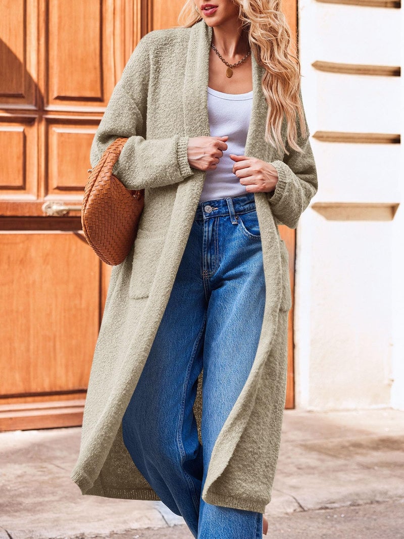 Saodimallsu Womens Open Front Long Cardigan Sweaters Oversized Chunky Fuzzy Lapel Fall 2025 Trendy Duster Sweater Coats Khaki - Image 2
