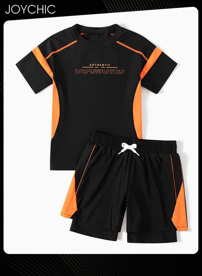 Joychic 2-piece Boys Summer Casual Swimsuits Kids Sun Protection Quick-drying and Breathable Short Sleeved Swimwear Separate Top and Bottom Set  - Image 4