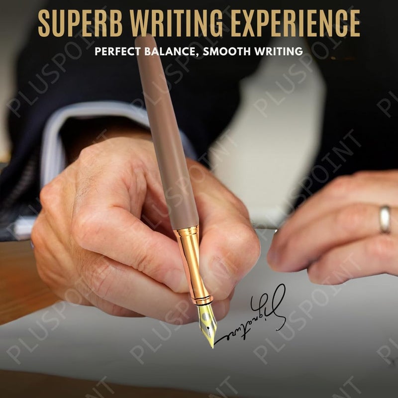 PLUSPOINT قلم حبر فاخر بجسم معدني بتشطيب غير لامع مع مشبك مرصع بحجر ذهبي وردي، قلم إيريديوم، تفاصيل ذهبية وردية، مجموعة هدايا تشمل محول حبر للرجال والنساء، التنفيذيين - Image 2