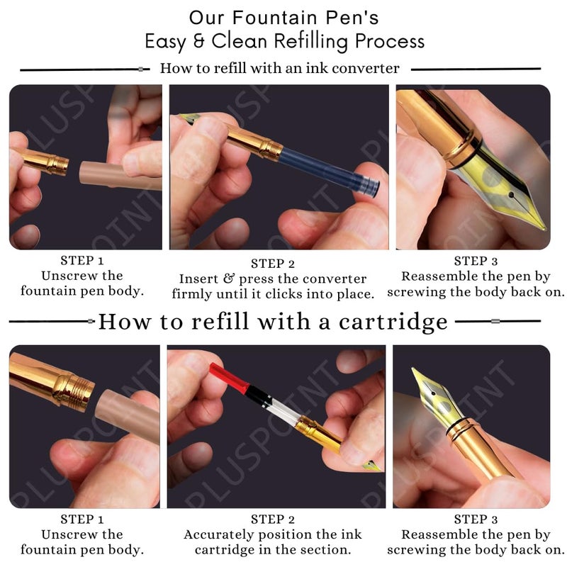 PLUSPOINT قلم حبر فاخر بجسم معدني بتشطيب غير لامع مع مشبك مرصع بحجر ذهبي وردي، قلم إيريديوم، تفاصيل ذهبية وردية، مجموعة هدايا تشمل محول حبر للرجال والنساء، التنفيذيين - Image 3