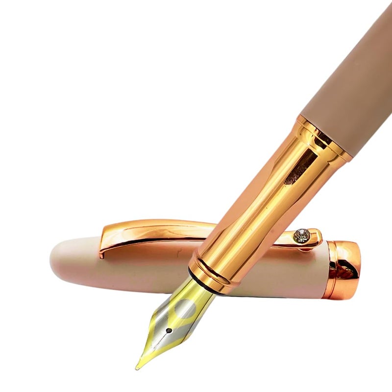 PLUSPOINT قلم حبر فاخر بجسم معدني بتشطيب غير لامع مع مشبك مرصع بحجر ذهبي وردي، قلم إيريديوم، تفاصيل ذهبية وردية، مجموعة هدايا تشمل محول حبر للرجال والنساء، التنفيذيين - Image 1