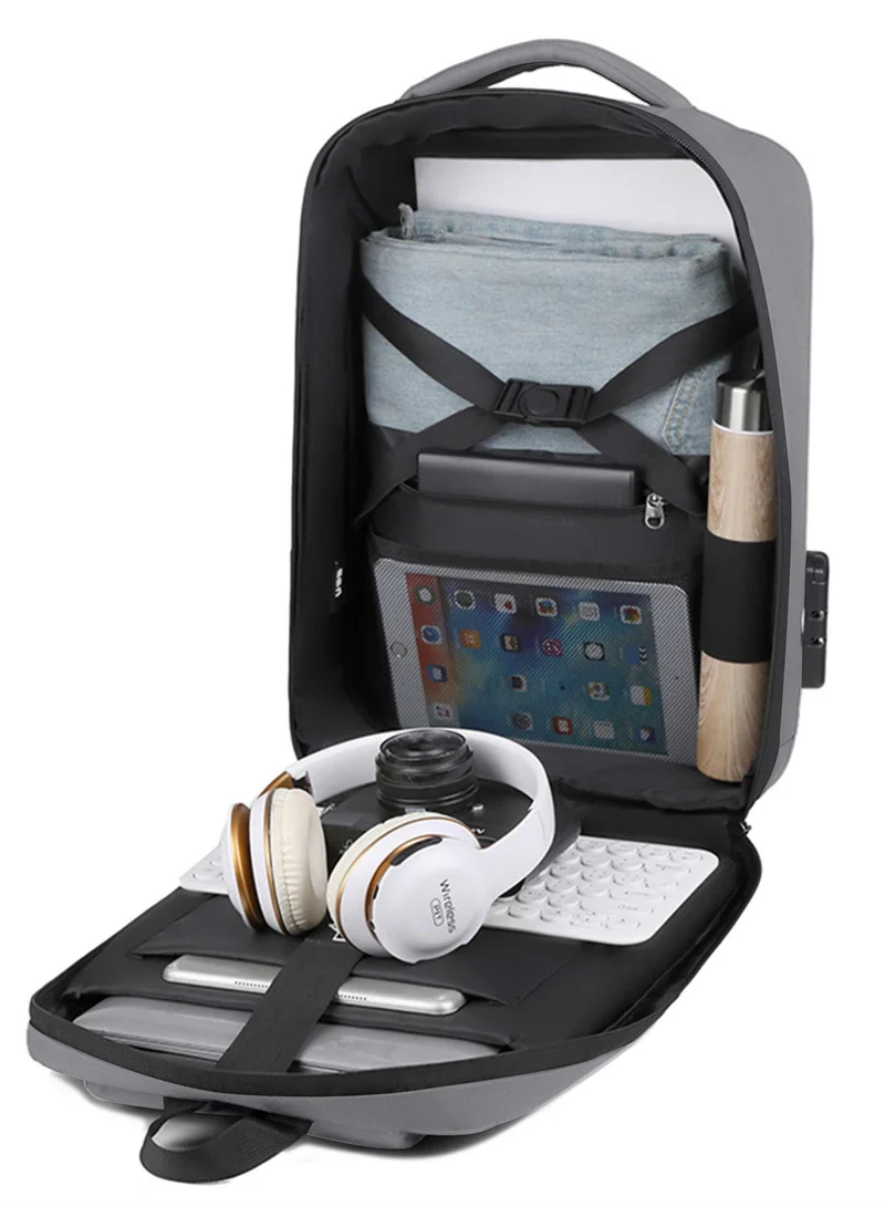 Hike Grey Semi Hard 16-inch Unisex Laptop Backpack with Built in Combination lock and USB/ Headphone Port Daypack for Travel, Office and Business, HK2252, Light Grey for Men | Best Price UAE