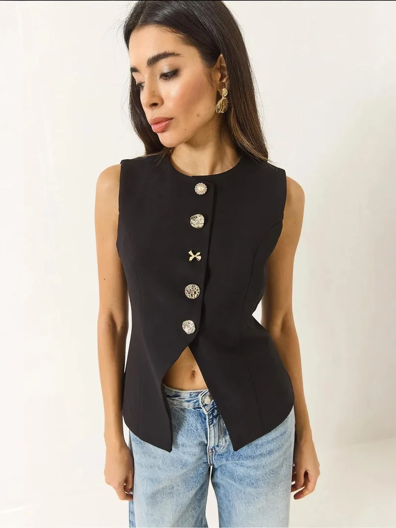 Bianco Lucci LUCCI Fitted Button Closure Waistcoat with Shirt Collar