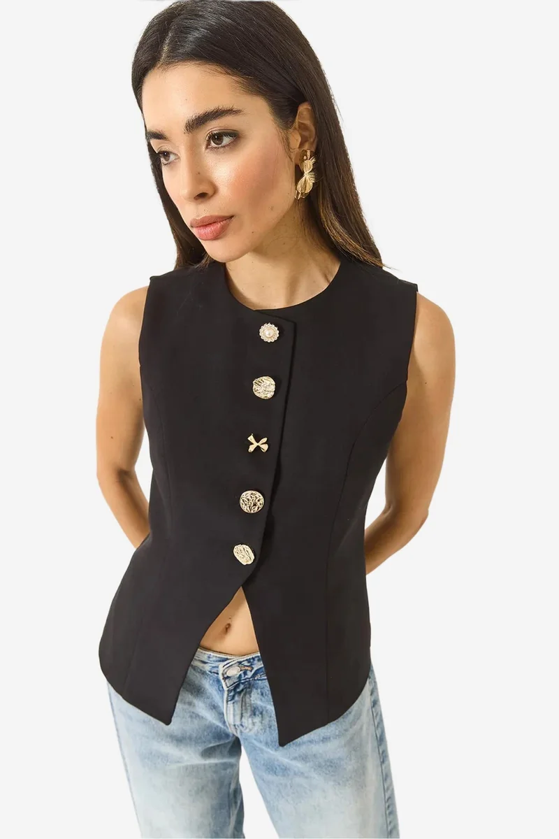 Bianco Lucci Fitted Sleeveless Button-Front Waistcoat with Crew Neck