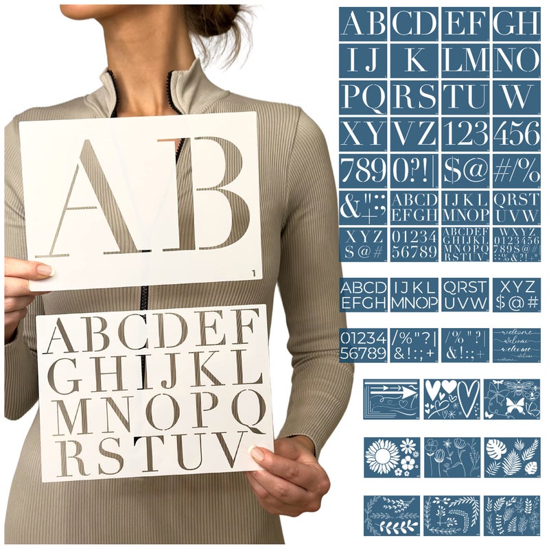CITRUSY Boutique Stencil Template Kit  45 Reusable Pieces  Includes Lettering Uppercase Both Large and Small  Numbers Punctuation Butterfly Animal Bee Leaf  Flowers  for Arts Crafts Painting Wood