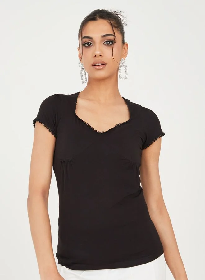 Styli Fitted Pointelle Trim Princess T-Shirt