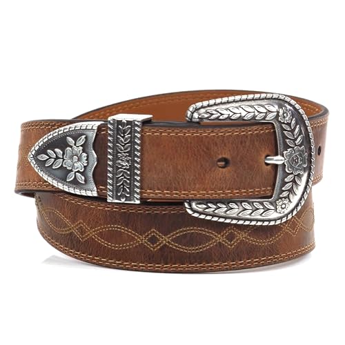 ARIAT Women's Center Stitch Leather Tapered Belt with Removable Antiqued Silver Buckle (Brown, Size 36) - Image 1