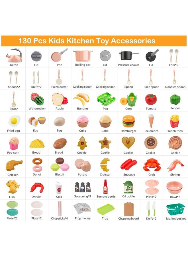 Funpynani 130Pcs Kitchen Playset, Toddler Pretend Cooking Play Pots, Pans, Utensils Cookware, Daily Food Fruit Veges, Shopping Storage Basket, Dessert, Prop Money, Learning Gift for Child (Pink) - Image 2