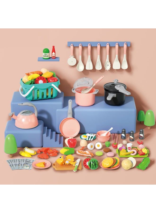 Funpynani 130Pcs Kitchen Playset, Toddler Pretend Cooking Play Pots, Pans, Utensils Cookware, Daily Food Fruit Veges, Shopping Storage Basket, Dessert, Prop Money, Learning Gift for Child (Pink) - Image 3