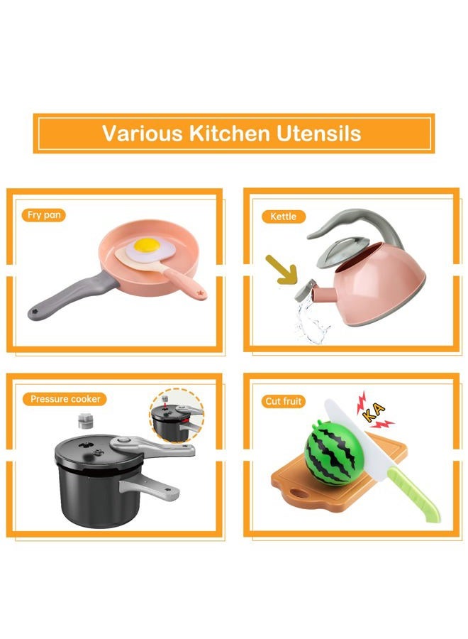Funpynani 130Pcs Kitchen Playset, Toddler Pretend Cooking Play Pots, Pans, Utensils Cookware, Daily Food Fruit Veges, Shopping Storage Basket, Dessert, Prop Money, Learning Gift for Child (Pink) - Image 4