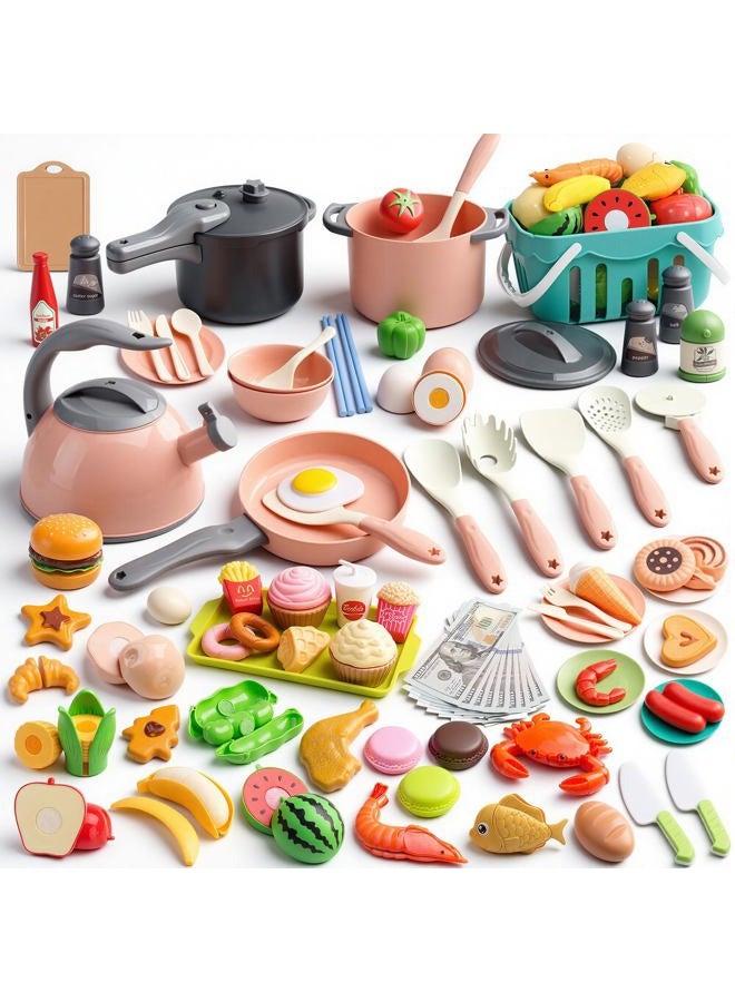 Funpynani 130Pcs Kitchen Playset, Toddler Pretend Cooking Play Pots, Pans, Utensils Cookware, Daily Food Fruit Veges, Shopping Storage Basket, Dessert, Prop Money, Learning Gift for Child (Pink) - Image 1