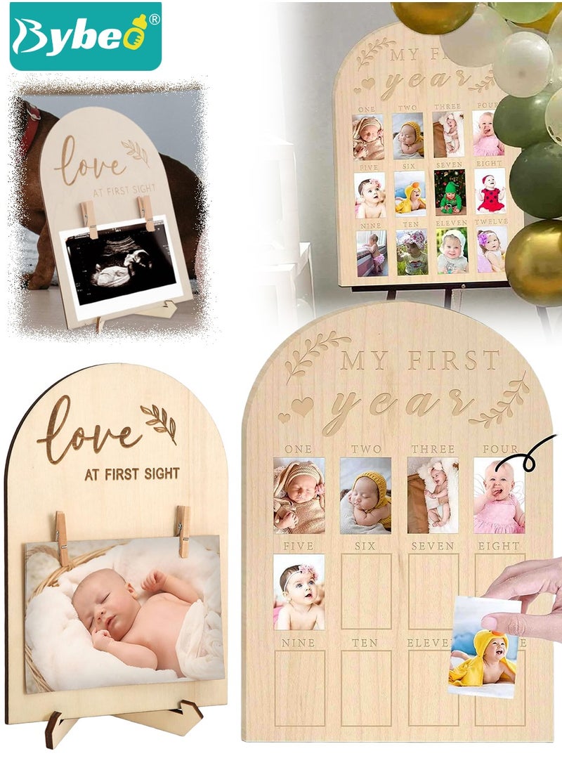 Bybeo 2 Pcs Baby Picture Frame, Baby Keepsake, My First Year Photo Frame Board, Photo Display Wood Board, Milestone Photo Frame for Newborns, Best Gift for Newborn Boys and Girls  - Image 1