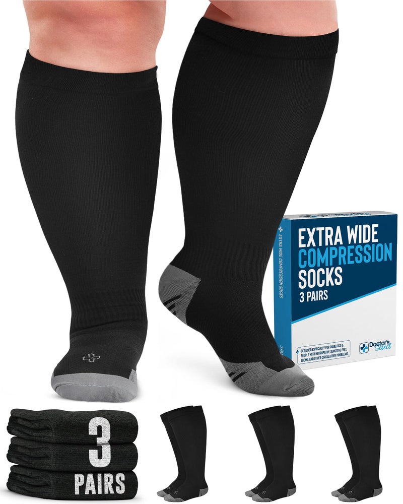 Doctor's Select 3 Pairs Plus Size Compression Socks Wide Calf - Up to 6XL | 20-30 mmHg Extra Wide Calf Compression Socks Women | Black - Image 1