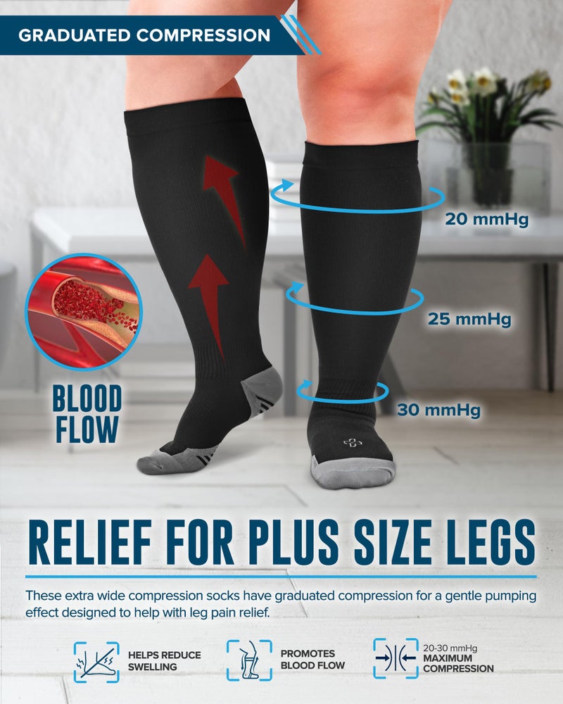 Doctor's Select 3 Pairs Plus Size Compression Socks Wide Calf - Up to 6XL | 20-30 mmHg Extra Wide Calf Compression Socks Women | Black - Image 2