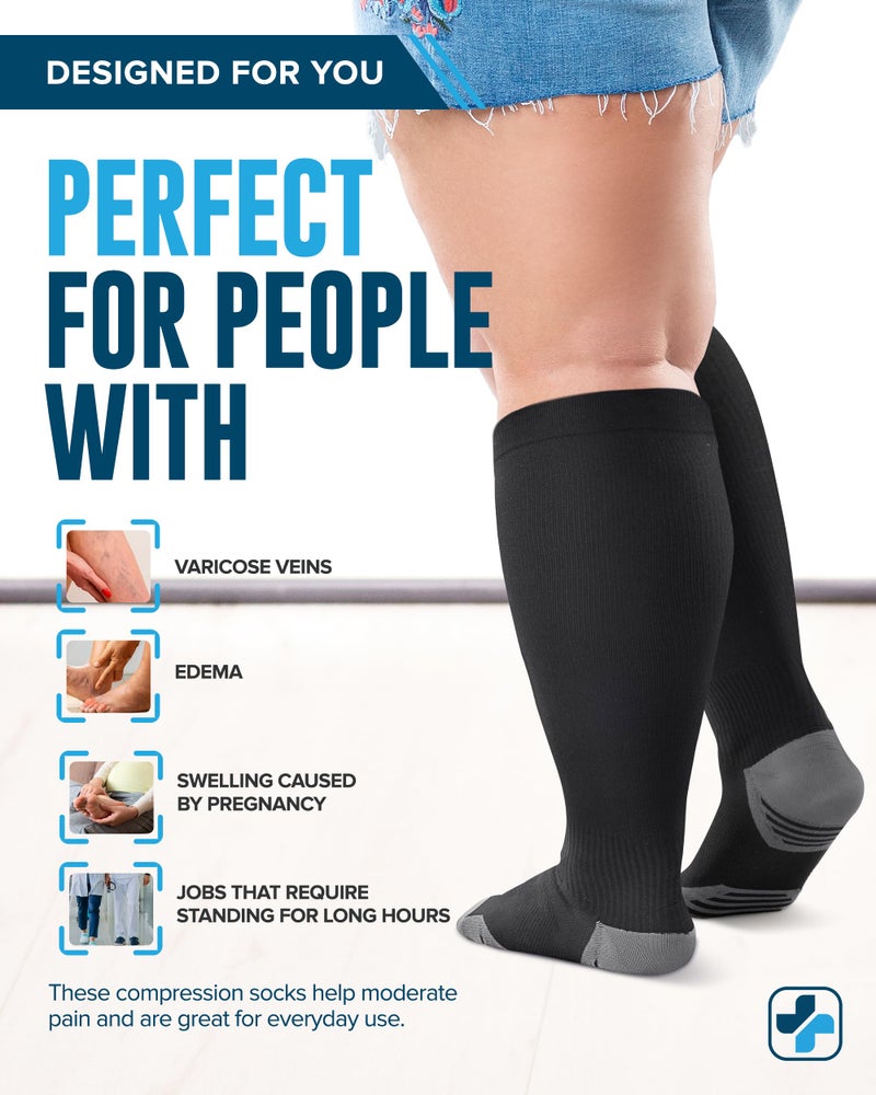 Doctor's Select 3 Pairs Plus Size Compression Socks Wide Calf - Up to 6XL | 20-30 mmHg Extra Wide Calf Compression Socks Women | Black - Image 4