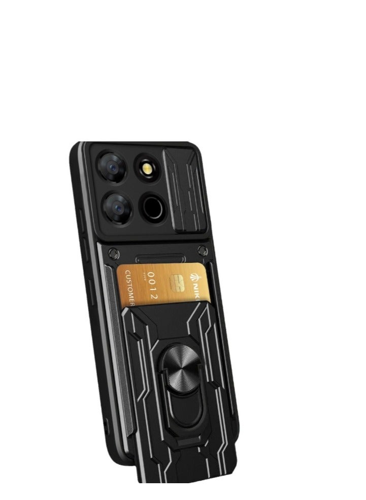 for Honor X6b 4G Case, Card Holder & Slide Camera Lens Cover, Magnetic Ring Holder Kickstand Protective Phone Case for Honor X6b 4G, Black - Image 5