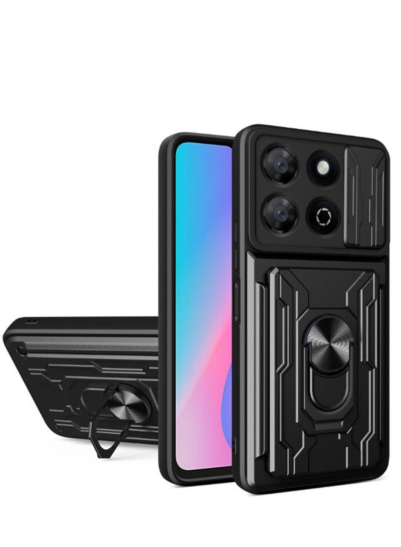 for Honor X6b 4G Case, Card Holder & Slide Camera Lens Cover, Magnetic Ring Holder Kickstand Protective Phone Case for Honor X6b 4G, Black - Image 1