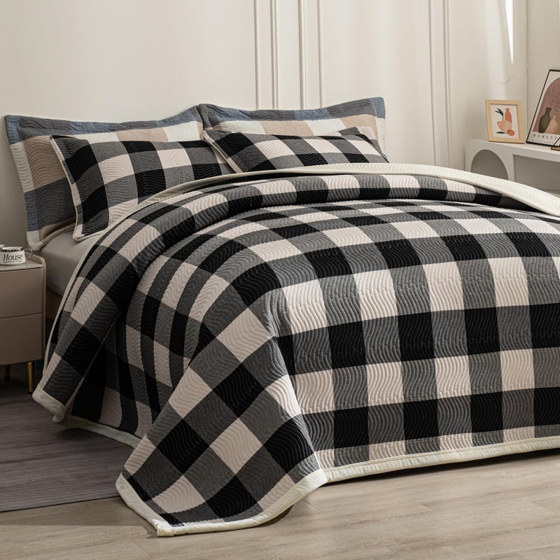 tohrisa Cotton Plaid Quilt Set Ultra Soft 3 Pieces Queen Size Bedding with 2 Pillow Shams Lightweight Reversible Coverlet Bedspread with Wave Quilting for Summer 90x96 GridBlack White