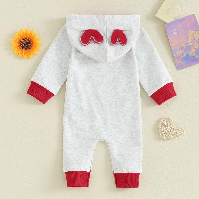 LAGKIYOJ Newborn Baby Girl Boy Valentines Day Outfit Long Sleeve Hooded Jumpsuit Heart Romper Infant Spring Clothes (Gray Heart Red, 3-6 Months) - Image 4