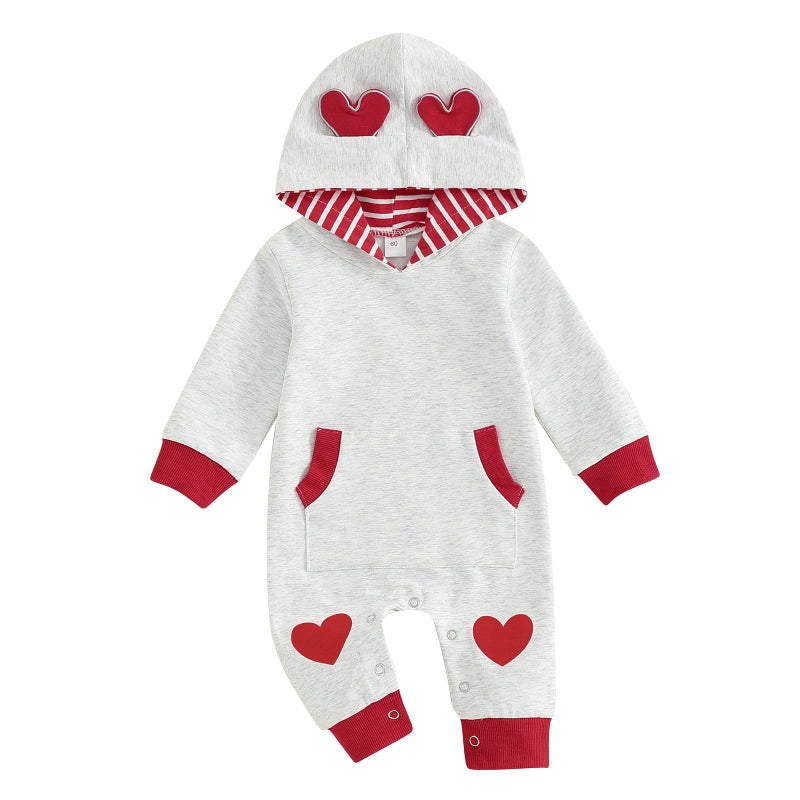 LAGKIYOJ Newborn Baby Girl Boy Valentines Day Outfit Long Sleeve Hooded Jumpsuit Heart Romper Infant Spring Clothes (Gray Heart Red, 3-6 Months) - Image 1