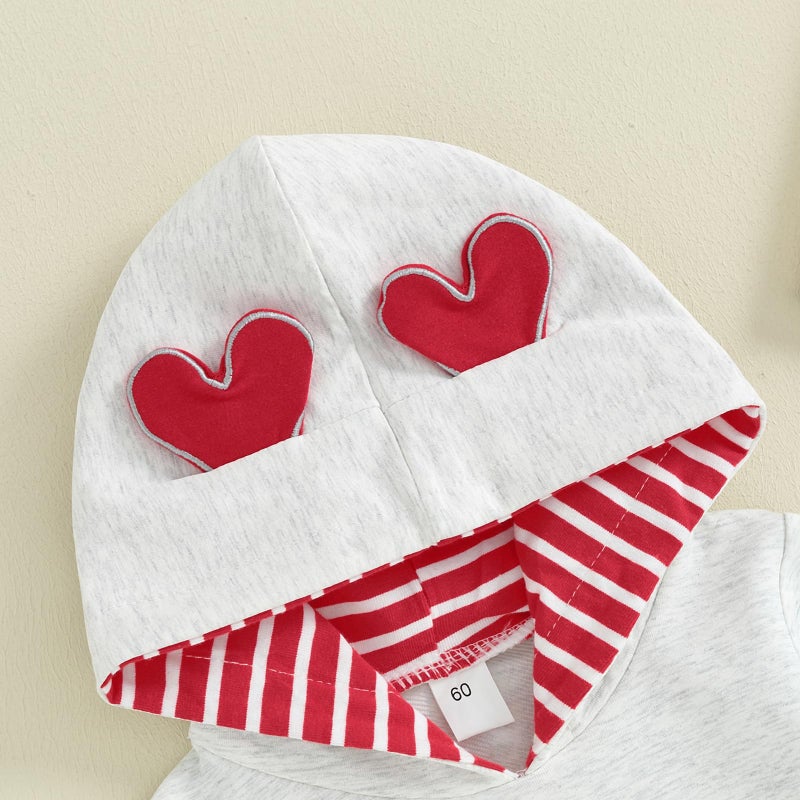 LAGKIYOJ Newborn Baby Girl Boy Valentines Day Outfit Long Sleeve Hooded Jumpsuit Heart Romper Infant Spring Clothes (Gray Heart Red, 3-6 Months) - Image 5