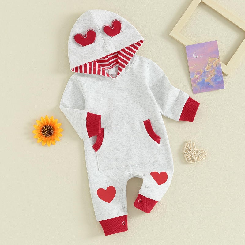 LAGKIYOJ Newborn Baby Girl Boy Valentines Day Outfit Long Sleeve Hooded Jumpsuit Heart Romper Infant Spring Clothes (Gray Heart Red, 3-6 Months) - Image 3