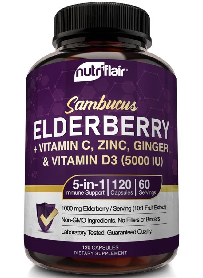 NutriFlair Sambucus Elderberry, 120 Vegetarian Capsules - 5 in 1 Immune Support and Antioxidant Supplement with Vitamin C, Vitamin D3 5000 IU, Zinc, Ginger, Black Elderberry - 2 Month Supply - Image 1