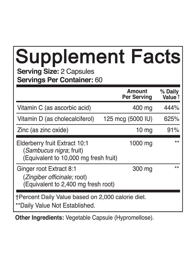 NutriFlair Sambucus Elderberry, 120 Vegetarian Capsules - 5 in 1 Immune Support and Antioxidant Supplement with Vitamin C, Vitamin D3 5000 IU, Zinc, Ginger, Black Elderberry - 2 Month Supply - Image 2