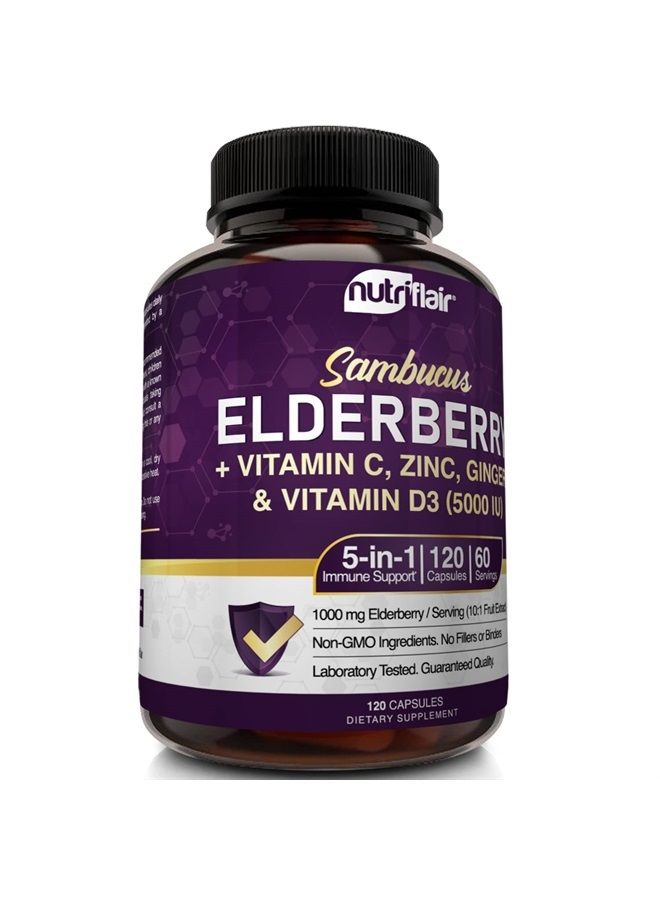 NutriFlair Sambucus Elderberry, 120 Vegetarian Capsules - 5 in 1 Immune Support and Antioxidant Supplement with Vitamin C, Vitamin D3 5000 IU, Zinc, Ginger, Black Elderberry - 2 Month Supply - Image 5