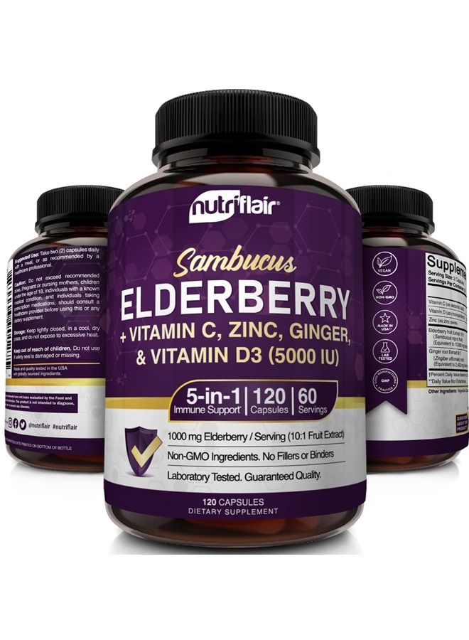 NutriFlair Sambucus Elderberry, 120 Vegetarian Capsules - 5 in 1 Immune Support and Antioxidant Supplement with Vitamin C, Vitamin D3 5000 IU, Zinc, Ginger, Black Elderberry - 2 Month Supply - Image 3
