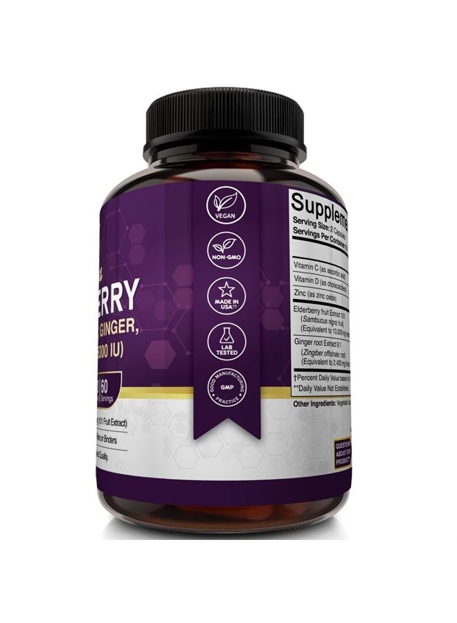 NutriFlair Sambucus Elderberry, 120 Vegetarian Capsules - 5 in 1 Immune Support and Antioxidant Supplement with Vitamin C, Vitamin D3 5000 IU, Zinc, Ginger, Black Elderberry - 2 Month Supply - Image 4