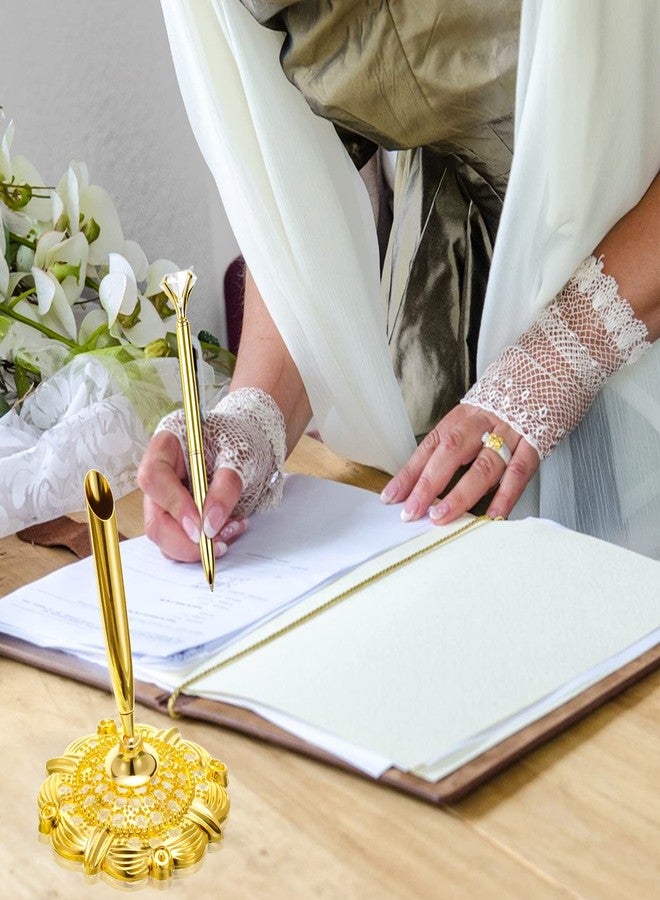 RUTICH Hollow Round Pen Holder Signing Pen Set with Big Diamond Crystal Pen for Wedding Bridal Opening Ceremony Graduation Office, Golden(Black Ink) - Image 4