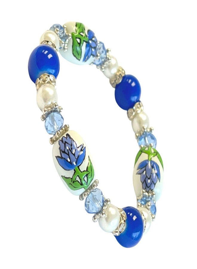 fiona State Flower Bracelet Beaded, Garden Botanical Souvenir Jewelry Gift for Woman, (Bluebonnet Texas Flower) - Image 1