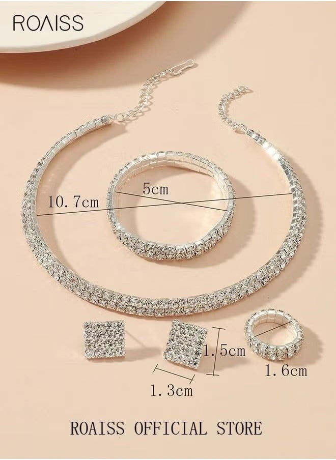 roaiss - 4 Pcs Rhinestone Choker Bracelet Ring Earrings Studs Set Double Row Round Diamond Collar Necklace Bridal Evening Dress Accessories for Women Silver/Clear - Image 1