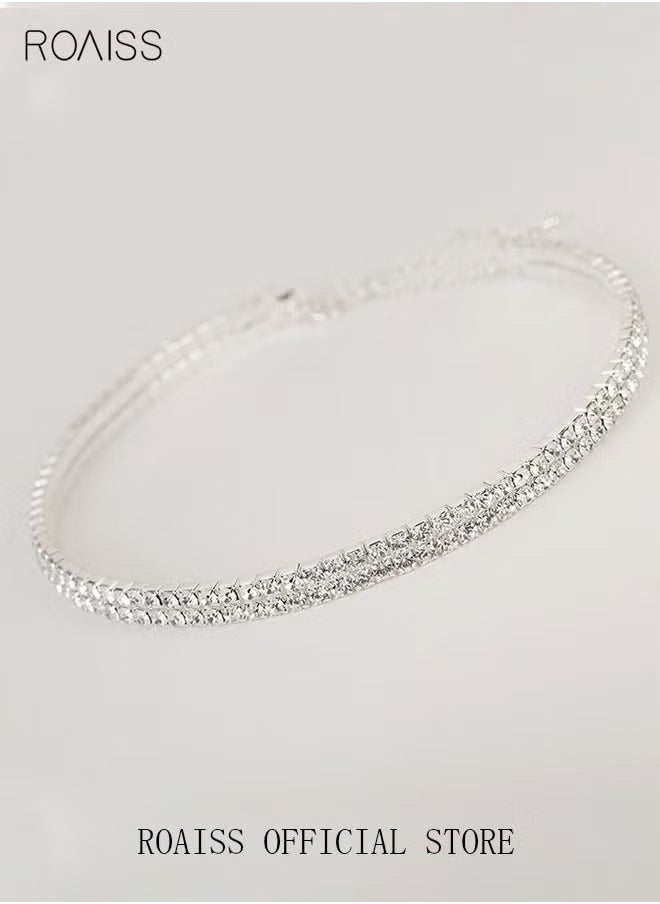 roaiss - 4 Pcs Rhinestone Choker Bracelet Ring Earrings Studs Set Double Row Round Diamond Collar Necklace Bridal Evening Dress Accessories for Women Silver/Clear - Image 1