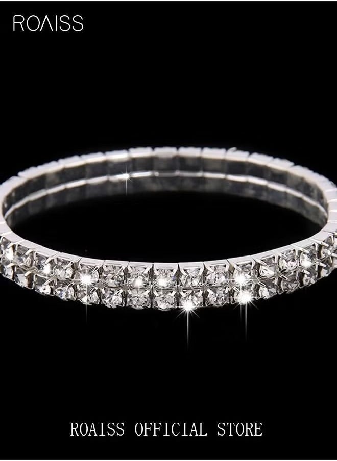 roaiss - 4 Pcs Rhinestone Choker Bracelet Ring Earrings Studs Set Double Row Round Diamond Collar Necklace Bridal Evening Dress Accessories for Women Silver/Clear - Image 1