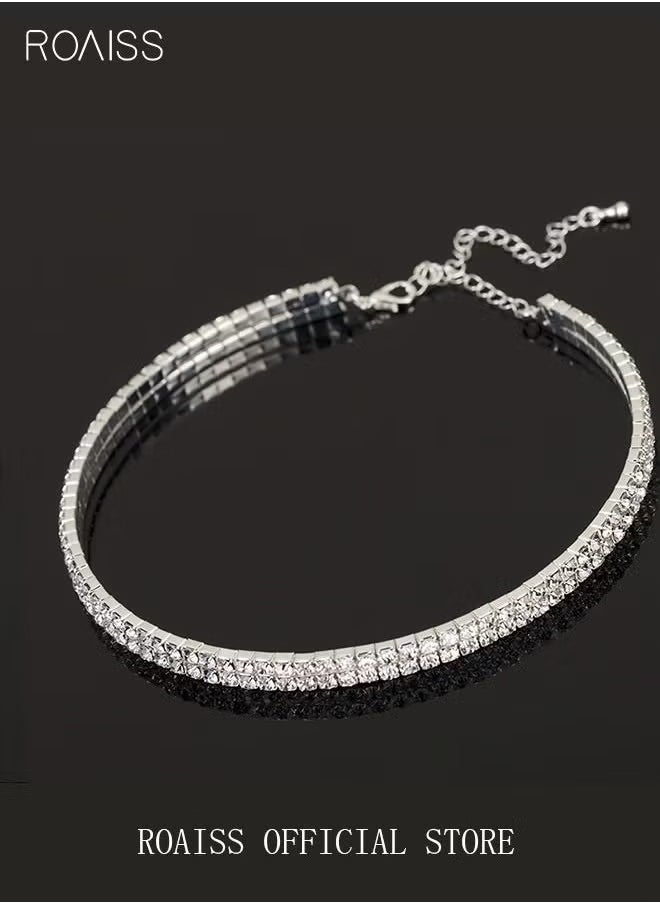 roaiss - 4 Pcs Rhinestone Choker Bracelet Ring Earrings Studs Set Double Row Round Diamond Collar Necklace Bridal Evening Dress Accessories for Women Silver/Clear - Image 1