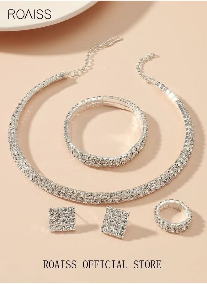 4 Pcs Rhinestone Choker Bracelet Ring Earrings Studs Set Double Row Round Diamond Collar Necklace Bridal Evening Dress Accessories for Women Silver/Clear - pzsku/ZA518BD03B8A2D48C753DZ/45/_/1724066797/5a3a9acd-9a9c-4df8-9343-b0affc5b09b0