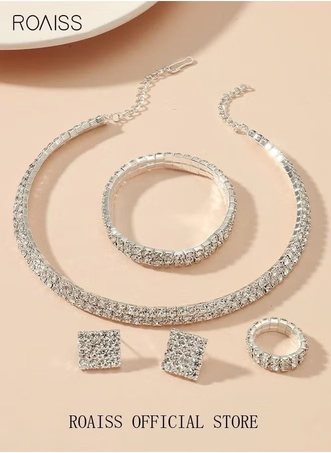 roaiss - 4 Pcs Rhinestone Choker Bracelet Ring Earrings Studs Set Double Row Round Diamond Collar Necklace Bridal Evening Dress Accessories for Women Silver/Clear - Image 1