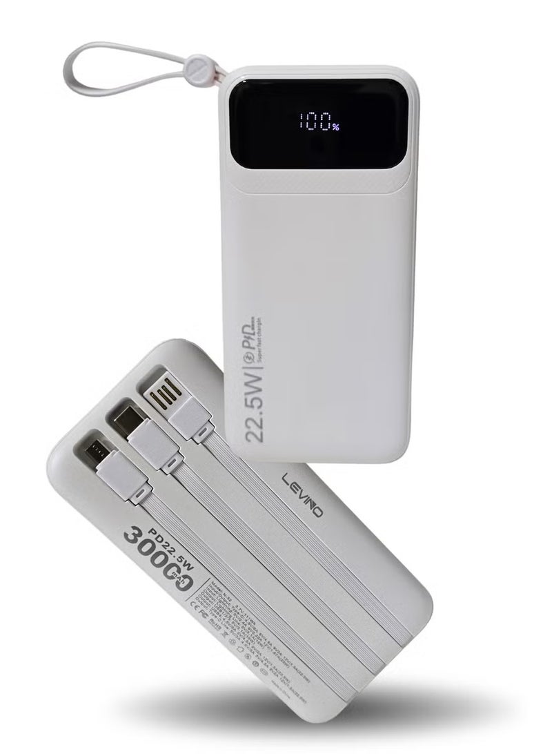 LEVINO باور بانك بسعة 30000 مللي أمبير 22.5 واط شحن سريع مع 4 منافذ USB و 2 منفذ Type-C، شاشة رقمية، حماية من زيادة الجهد ودرجة الحرارة، كابلات Type-C، Lightning و USB مدمجة - أبيض - Image 1