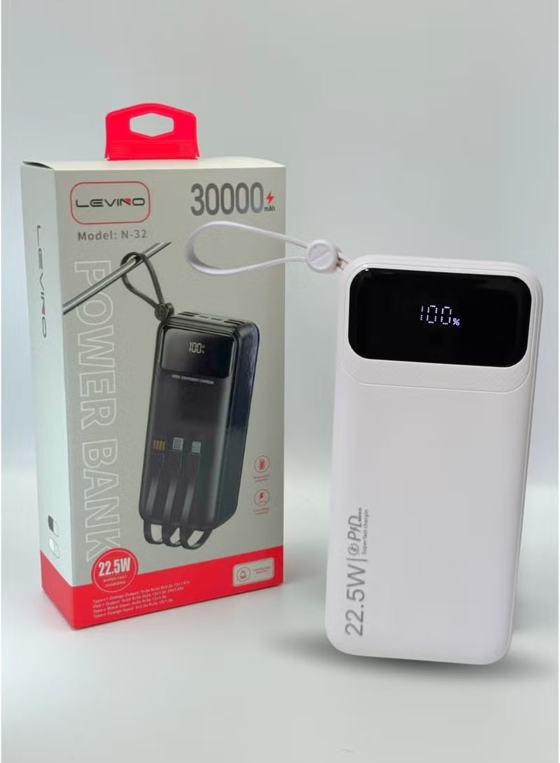 LEVINO باور بانك بسعة 30000 مللي أمبير 22.5 واط شحن سريع مع 4 منافذ USB و 2 منفذ Type-C، شاشة رقمية، حماية من زيادة الجهد ودرجة الحرارة، كابلات Type-C، Lightning و USB مدمجة - أبيض - Image 5