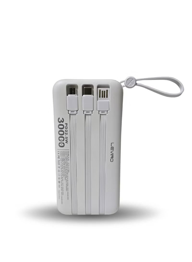 LEVINO باور بانك بسعة 30000 مللي أمبير 22.5 واط شحن سريع مع 4 منافذ USB و 2 منفذ Type-C، شاشة رقمية، حماية من زيادة الجهد ودرجة الحرارة، كابلات Type-C، Lightning و USB مدمجة - أبيض - Image 2