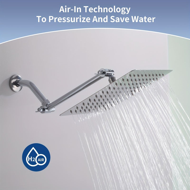 Square 10 Inch Ultra Thin Stainless Steel Ceiling Shower Head With Adjustable Extendable Bracket - Image 1
