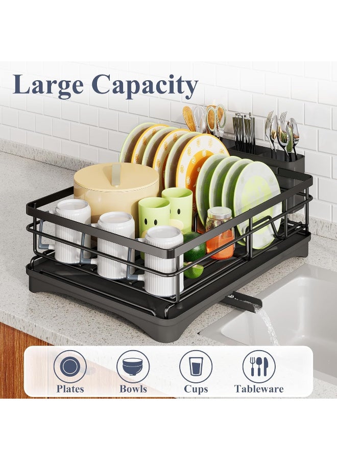 Stainless Steel Dish Drying Rack, Large Capacity Countertop Dish Drainer with Cutlery Holder, Black - Image 1