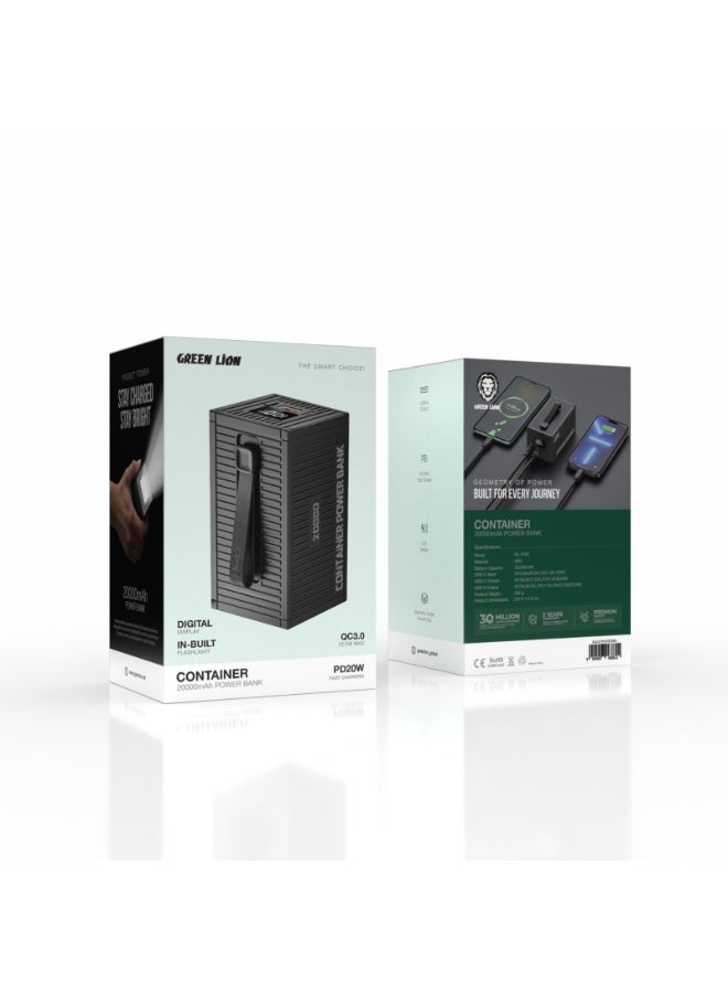 GREEN LION 20000mAh Power Bank PD 20W, Container Power Unit with 4 in 1 Charging Cable / Built In Carry Strap & Flashlight / Geometric Design / Digital Display / ABS Material - Black - Image 4