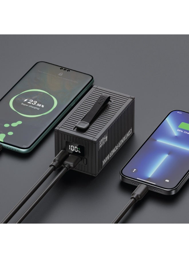 GREEN LION 20000mAh Power Bank PD 20W, Container Power Unit with 4 in 1 Charging Cable / Built In Carry Strap & Flashlight / Geometric Design / Digital Display / ABS Material - Black - Image 2