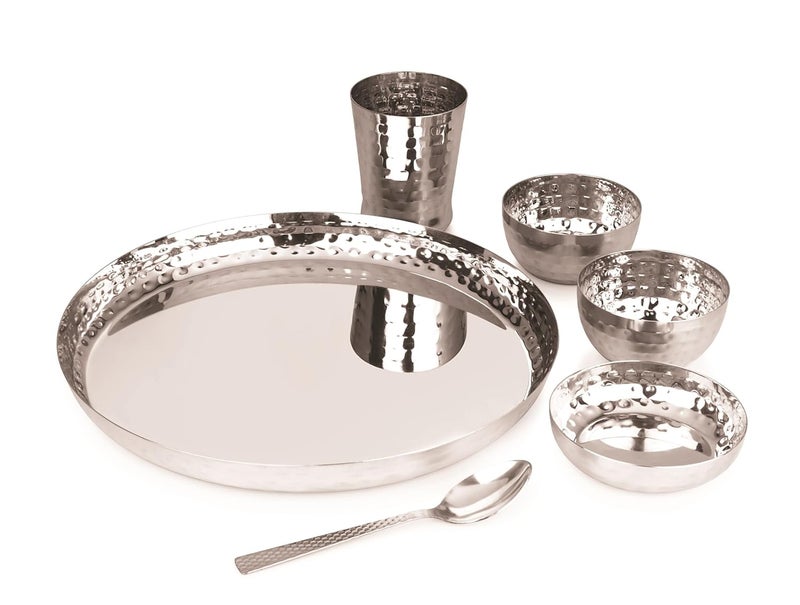 MOLTRES Royal Hammered Steel Dinner Set of 618 Gauge Rust Free Includes 1 Thali 1 Sweet Dish 2 Bowls 1 Spoon 1 Glass Premium Mirror Polished Steel Finish Hammered Set of 6 - Image 1