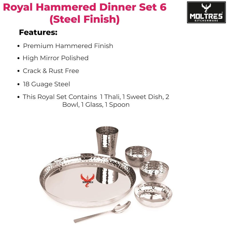 MOLTRES Royal Hammered Steel Dinner Set of 618 Gauge Rust Free Includes 1 Thali 1 Sweet Dish 2 Bowls 1 Spoon 1 Glass Premium Mirror Polished Steel Finish Hammered Set of 6 - Image 3