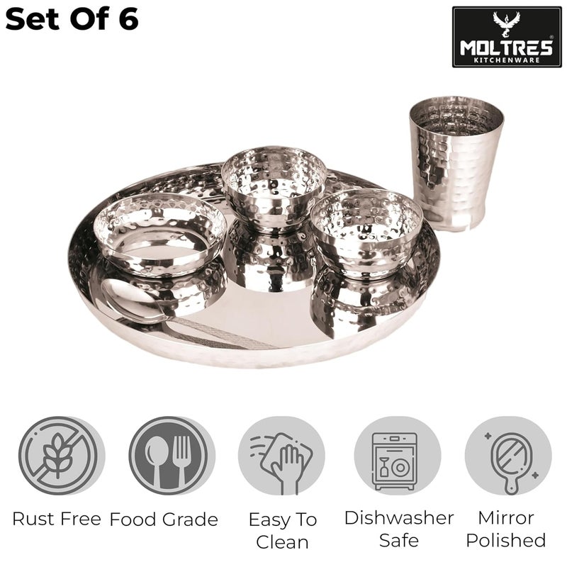 MOLTRES Royal Hammered Steel Dinner Set of 618 Gauge Rust Free Includes 1 Thali 1 Sweet Dish 2 Bowls 1 Spoon 1 Glass Premium Mirror Polished Steel Finish Hammered Set of 6 - Image 4
